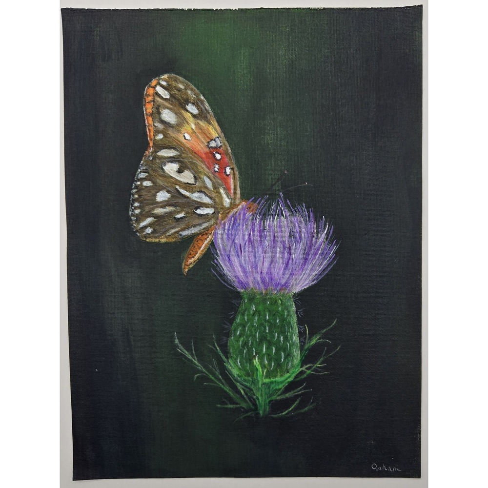 Butterfly on Thistle Original Acrylic Painting 9x12 Nature Floral Canvas Artโ